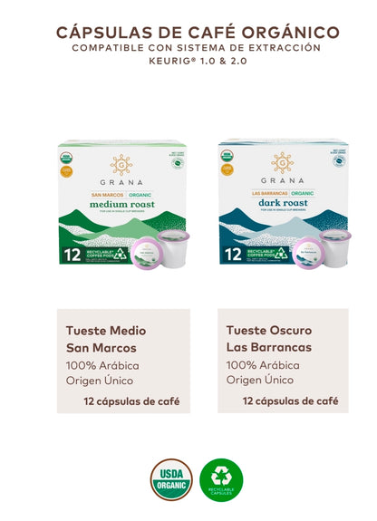 Cápsulas Keurig La Grana Orgánico Guatemala | Tueste Medio y Oscuro | 100% Arábica